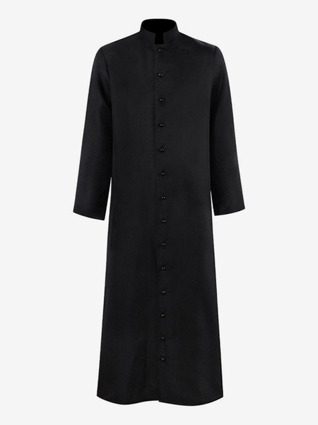 Image of Bottoni in poliestere retrò vintage neri a maniche lunghe abito da monaco medievale uniforme da sacerdote da mago