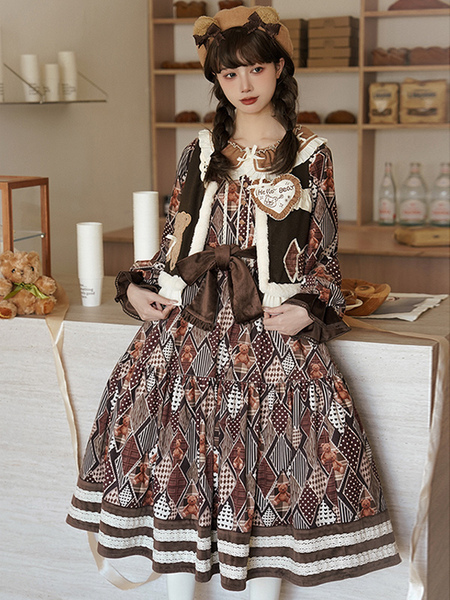 Image of Abiti Lolita stile ROCOCO Abito top a maniche lunghe con stampa floreale marrone caffè con fiocchi e volant