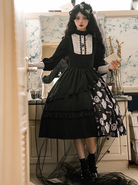 Image of Abiti da Lolita gotica Camicetta con gonna a maniche lunghe a strati con stampa floreale nera con volant