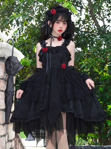 Image of Abiti Gothic Lolita con volant in pizzo nero albicocca