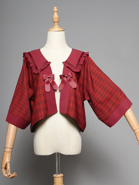 Image of Kimono rosso a maniche lunghe con volant scozzese