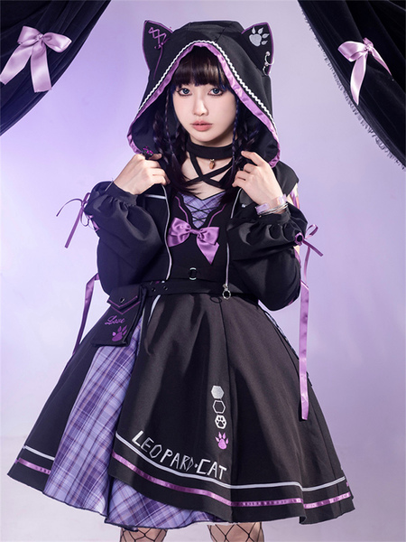 tenues gothiques lolita robe pull sans manches avec nœuds à carreaux noirs