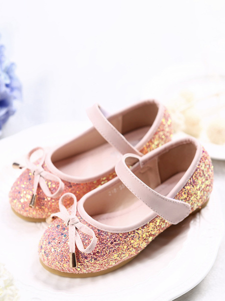 Image of Scarpe da ragazza di fiori Scarpe da festa con fiocchi di stoffa rosa con paillettes per bambini
