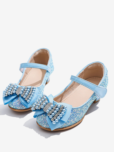 Image of Scarpe da ragazza di fiori Scarpe da festa per bambini con perle di stoffa con paillettes azzurro cielo