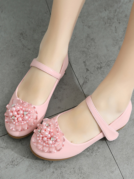 Image of Scarpe da ragazza di fiori Scarpe da festa per bambini con perle in pelle PU rosa