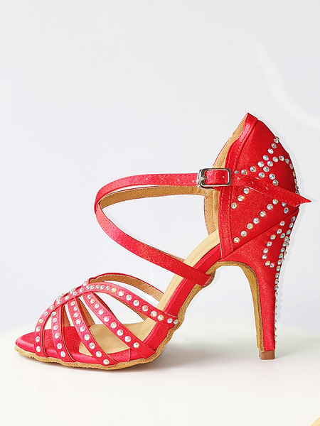 chaussures de danse latine en soie et satin rouge talon haut strass chaussures de danse