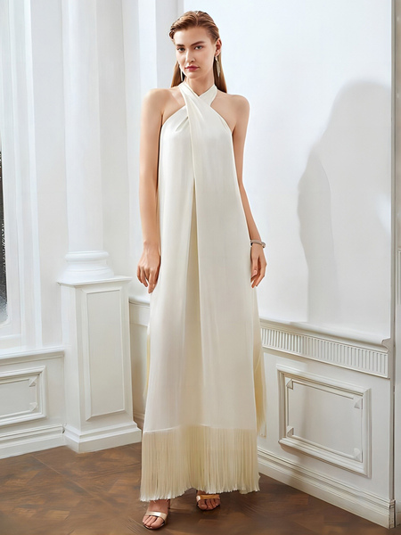 robes droites blanches écru robe longue attrayante plissée à licou avec frange