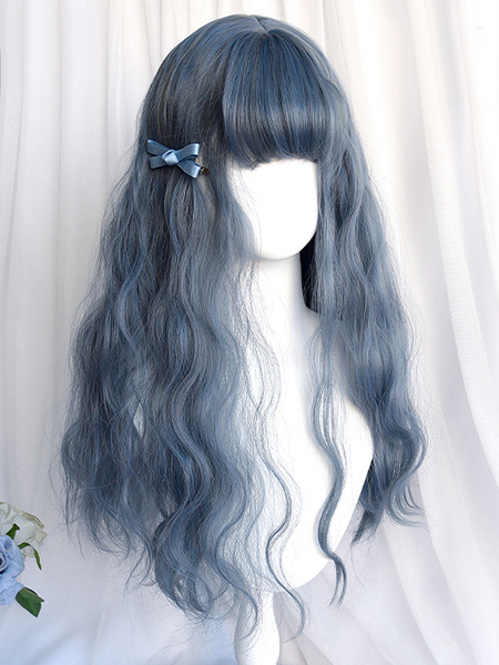Image of Parrucche Lolita stile ROCOCO Accessori Lolita in fibra lunga grigio blu resistente al calore