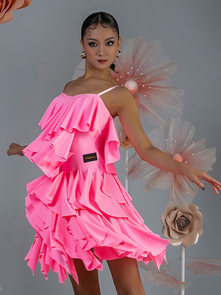 Image of Costume da ballo latino rosa da donna con volant a strati set elegante costume da ballo in poliestere