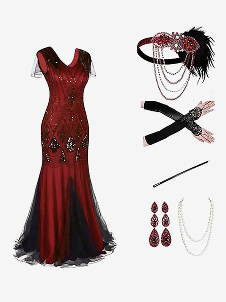 Image of Costumi retrò neri rossi Accessorio in poliestere con paillettes Set costume retrò da donna di Maria Antonietta Abito da ballo per feste