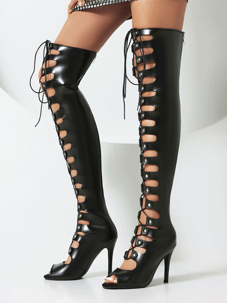 Image of Stivali sopra il ginocchio sexy Stivali sandali con tacco alto con lacci neri