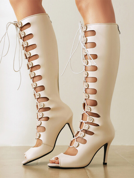 Image of Stivali alti al ginocchio da donna Stivali sandalo con tacco alto con lacci e punta aperta