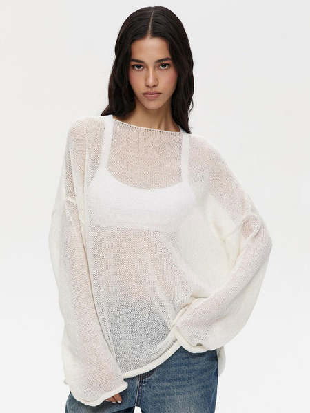 t-shirts à manches longues blanc surdimensionné au crochet bijou cou t-shirt en polyester pour les femmes