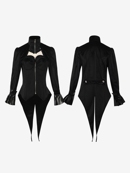 manteau gothique noir mi-long pour femme trench-coat slim col montant foncé smoking de palais mode automne et hiver