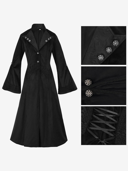 Image of Cappotto di media lunghezza da donna gotico nero autunno e inverno moda trench sottile smoking palazzo con colletto alla coreana scuro