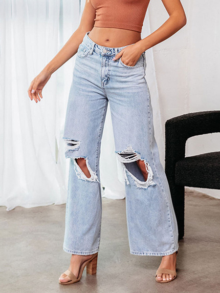 Image of Jeans da Donna Chic con Frange in Vita Rialzata in Poliestere