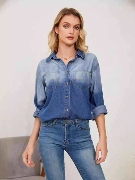Image of Camicetta di jeans sfumata a maniche lunghe con bottoni Busniess Top da donna casual