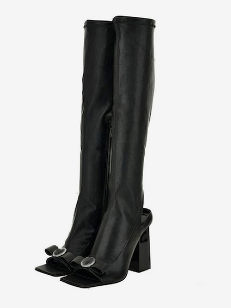 Image of Stivali alti al ginocchio neri Stivali sandalo con tacco largo con fiocco sul retro e punta aperta