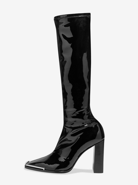 Image of Stivali elastici neri Stivali da donna a metà polpaccio con punta quadrata nera e tacco grosso