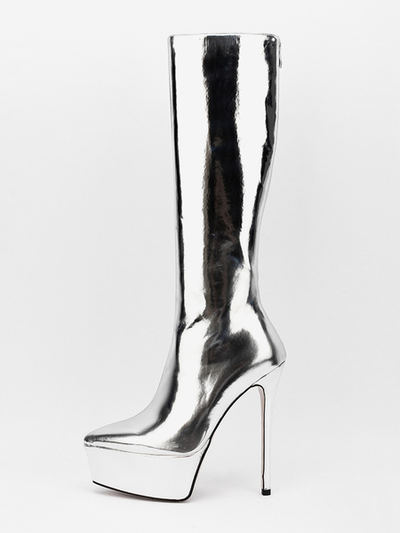 Image of Stivali sexy argento con plateau e punta a punta stivali a metà polpaccio con tacco a spillo per donna