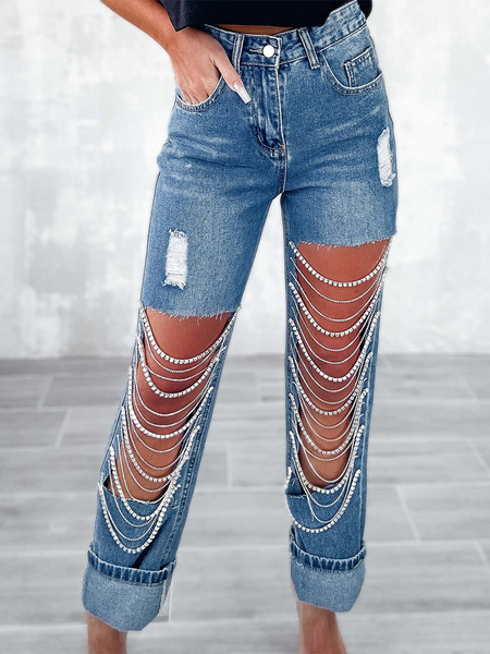 Image of Pantaloni jeans da notte asimmetrici a vita alta con catene di jeans con frange