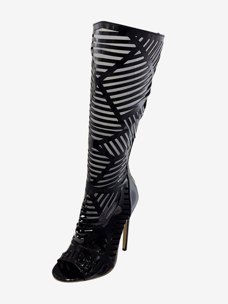 Image of Stivali alti al ginocchio neri Stivali sandalo con punta aperta e tacco a spillo da donna