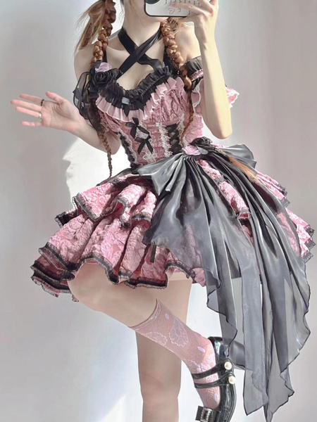 Image of Abiti Gothic Lolita Fiori Volant Stampa floreale Rosa Rosa