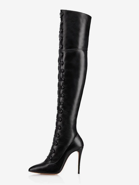 Image of Stivali sopra il ginocchio sexy Stivali alti alla coscia con tacco a spillo e punta nera