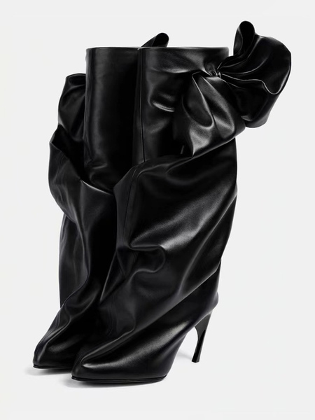 Image of Stivali neri al polpaccio Stivali da donna con tacco a spillo e punta tonda con fiocco increspato