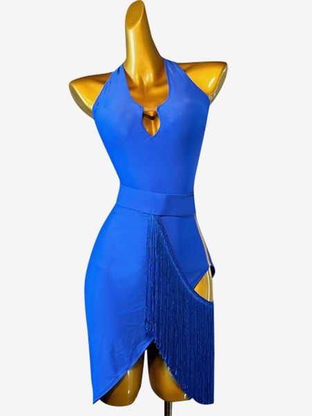 Image of Costume da ballo latino Abito da donna in lycra spandex blu reale Elegante abbigliamento da ballo per ballerini latini