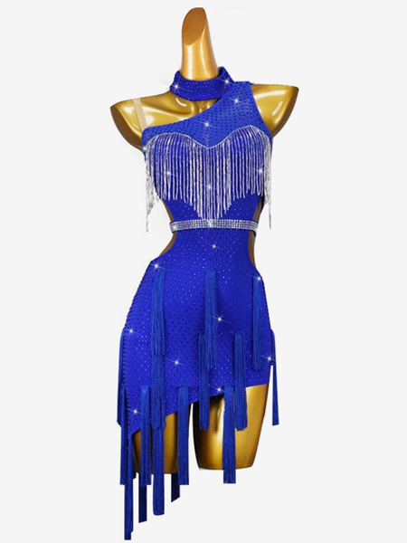 robes de danse latine bleu royal femmes lycra spandex robe dos nu sexy strass danseuse latine vêtements de danse