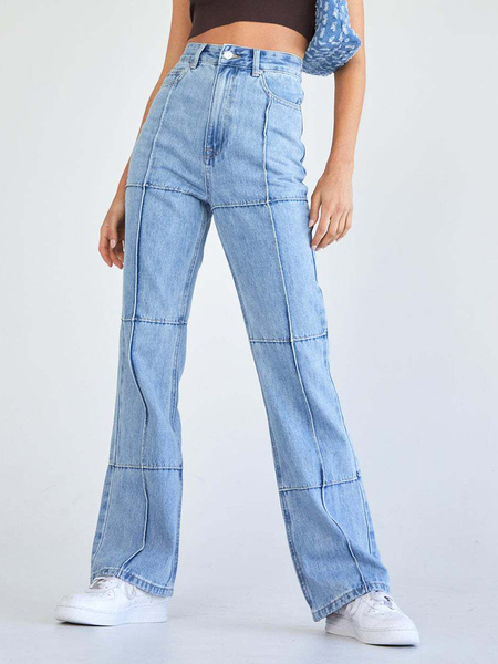 Image of Jeans celesti chiari a vita alta con dettagli in metallo Pantaloni dritti in denim patchwork