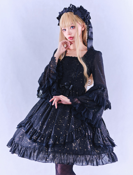 Image of Abiti Gothic Lolita con volant e fiocchi stampa a caldo nero nero