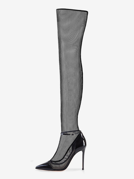 Image of Stivali sopra il ginocchio Stivali con sandali alti alla coscia sexy in rete nera con punta a punta