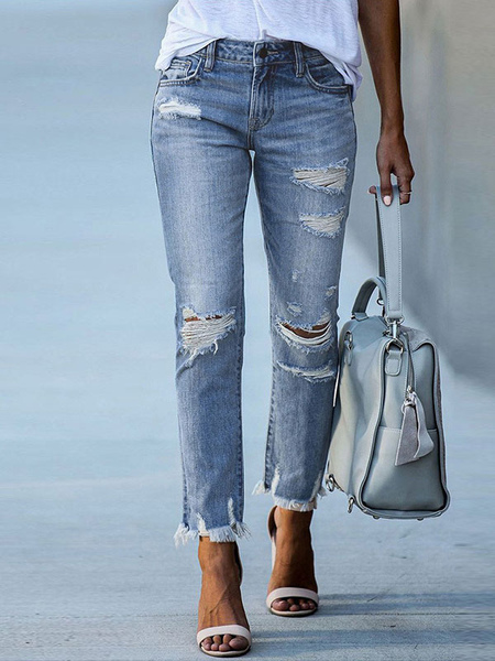 Image of Jeans da donna moderni in poliestere skinny effetto invecchiato