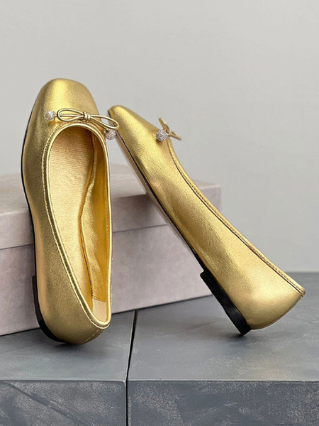 ballerines dorées femmes chaussures plates à enfiler nœud métallique bout rond