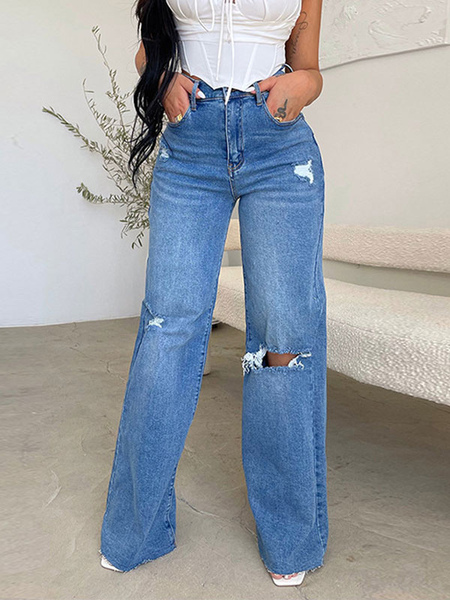 Image of Jeans da donna affascinante in poliestere dritto effetto invecchiato