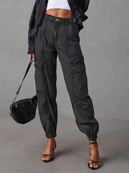 Image of Jeans Cargo Tasche A Vita Alta Pantaloni Casual Chic In Tinta Unita