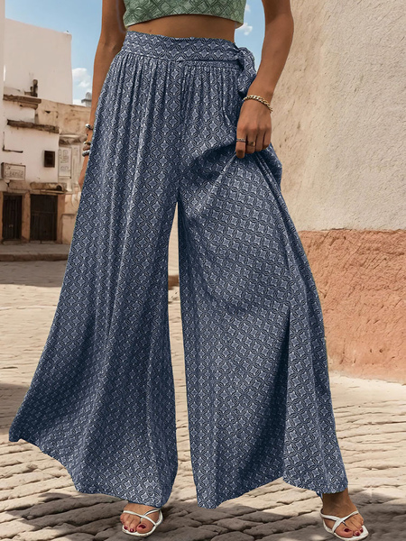 Image of Pantaloni Pantaloni bicolore convertibili a vita rialzata convertibili in poliestere con lacci blu scuro