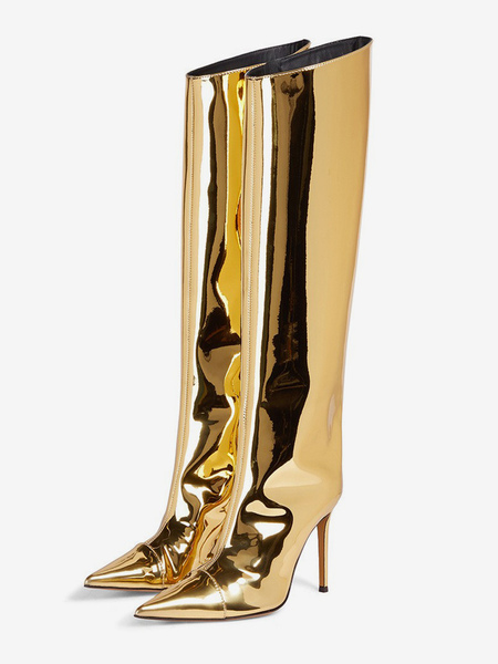 Image of Stivali al ginocchio dorati Stivali al ginocchio con tacco a spillo e punta metallica