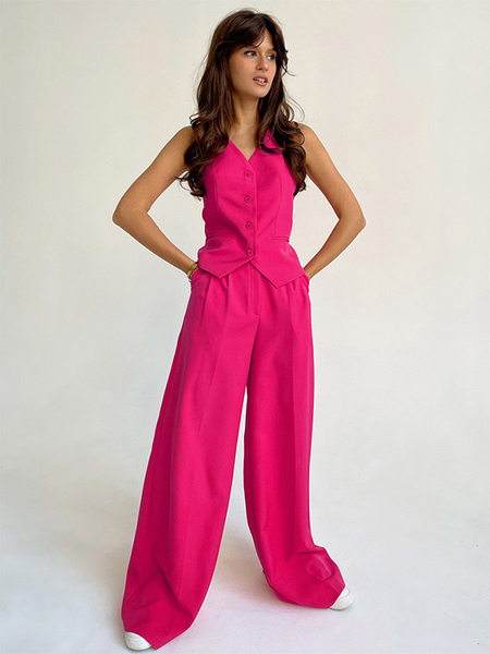 Image of Set di pantaloni rosa senza maniche con bottoni e scollo a V gamba larga business casual set da 2 pezzi