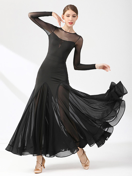 Image of Costumi da ballo da sala Abito da ballo a strati elegante in poliestere con collo gioiello trasparente da donna nero