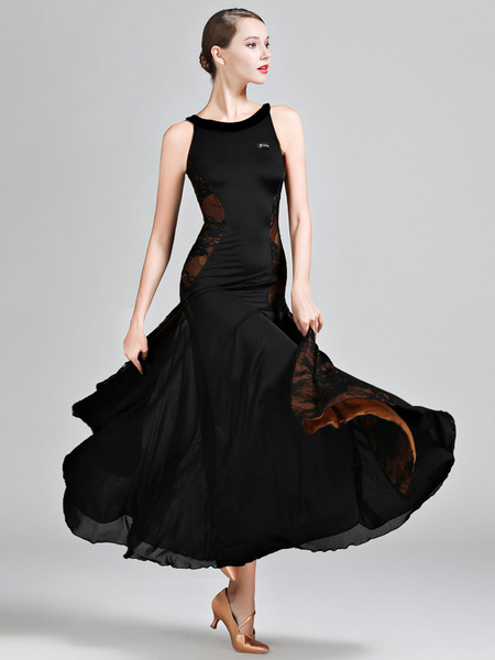 Image of Costumi da ballo da sala Abito da ballo elasticizzato in pizzo con collo gioiello in poliestere elegante da donna nero