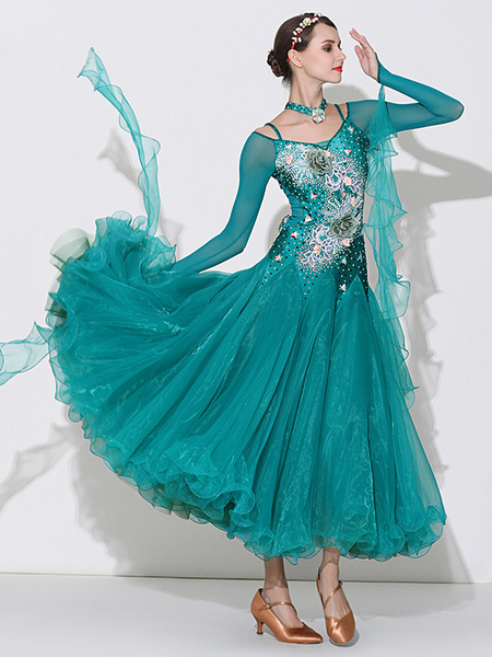 Image of Costumi da ballo da sala Vestito da donna in poliestere con scollo a barchetta trasparente sexy verde con fiori Strass Abbigliamento da ballo a strati