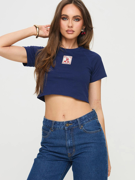 Image of T-shirt a maniche corte T-shirt da donna con collo gioiello elasticizzato in poliestere blu