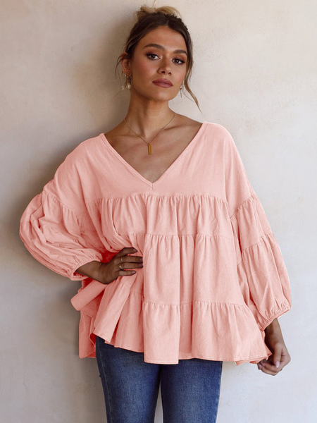 Image of T-shirt con maniche a 3/4 T-shirt da donna in poliestere con scollo a V pieghettato oversize rosa