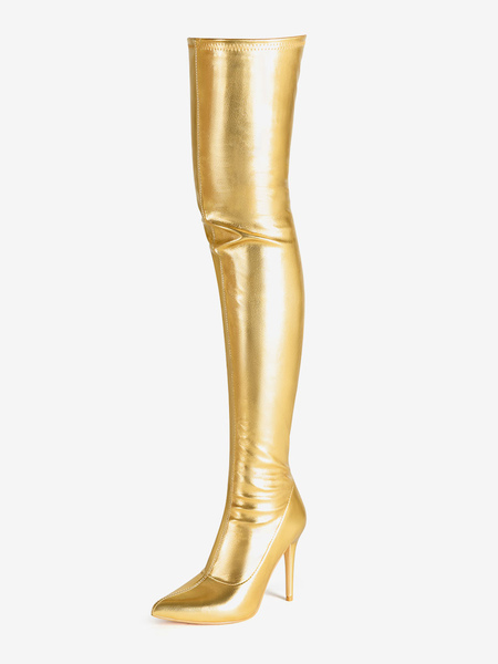 Image of Stivali sopra il ginocchio Stivali alti alla coscia elasticizzati con punta a punta da donna dorati