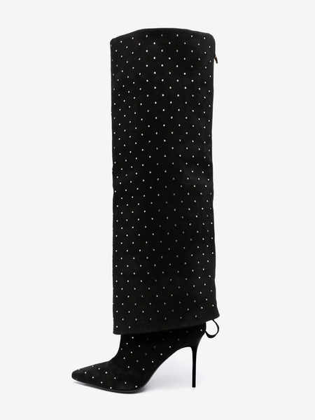 Image of Stivali alti al ginocchio Scarpe da festa con tacco alto ripiegabili con punta a punta e strass neri