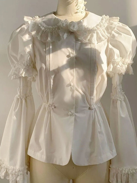 Image of Camicette Lolita accademiche Camicie Lolita bianche a maniche corte con fiocchi pieghettati