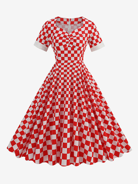 Image of Abito vintage rosso anni &#39;50 stile Audrey Hepburn bicolore a maniche corte con scollo a cuore abito rockabilly medio